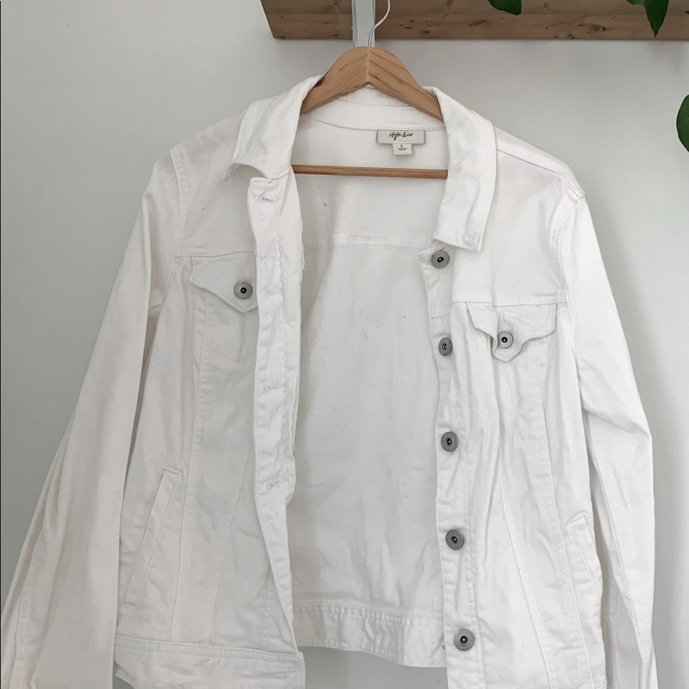 Macy’s white jean jacket.